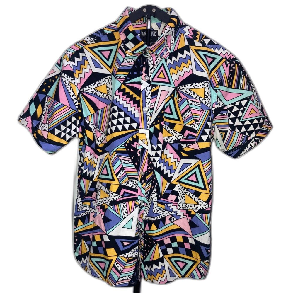 Super Massive Flash Geometric Shirt Retro 80s 90s Festival Button Down M